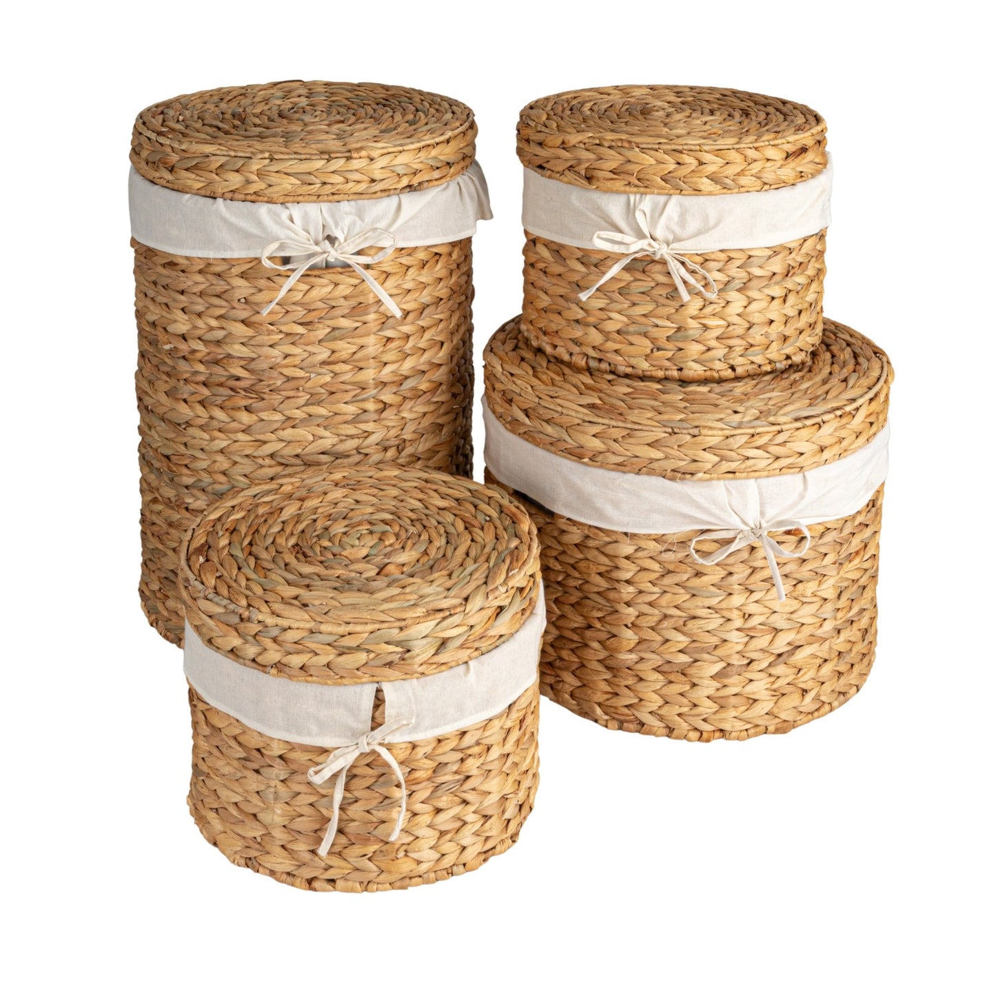 Water Hyacinth Baskets w/ Lids, Handles & Cotton Lining, Set of 4