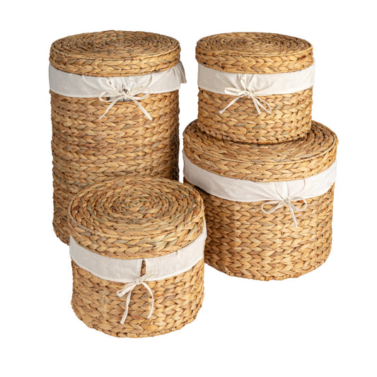Water Hyacinth Baskets w/ Lids, Handles & Cotton Lining, Set of 4