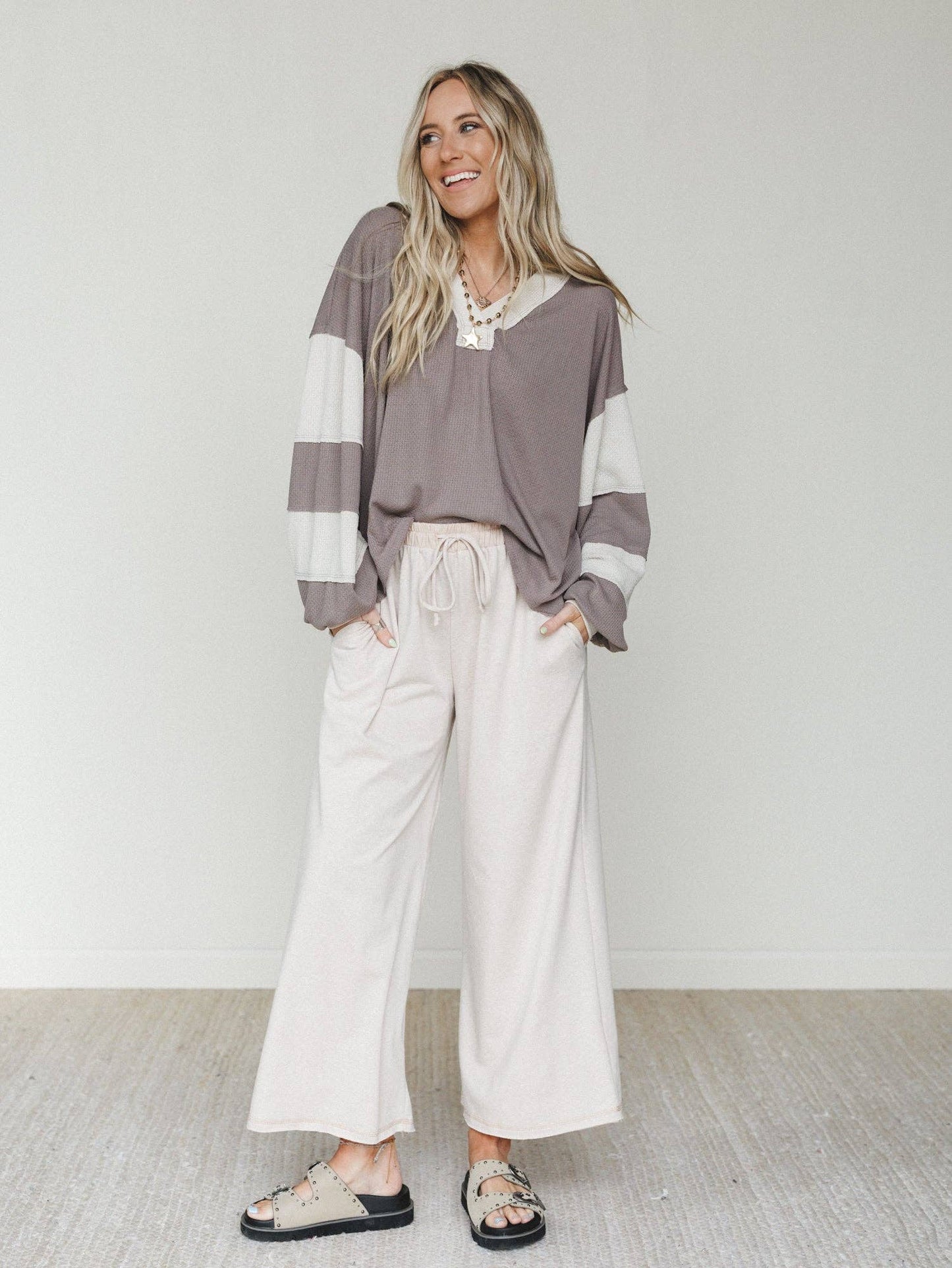 Jodi Wide Leg Pants - Beige: Beige / L