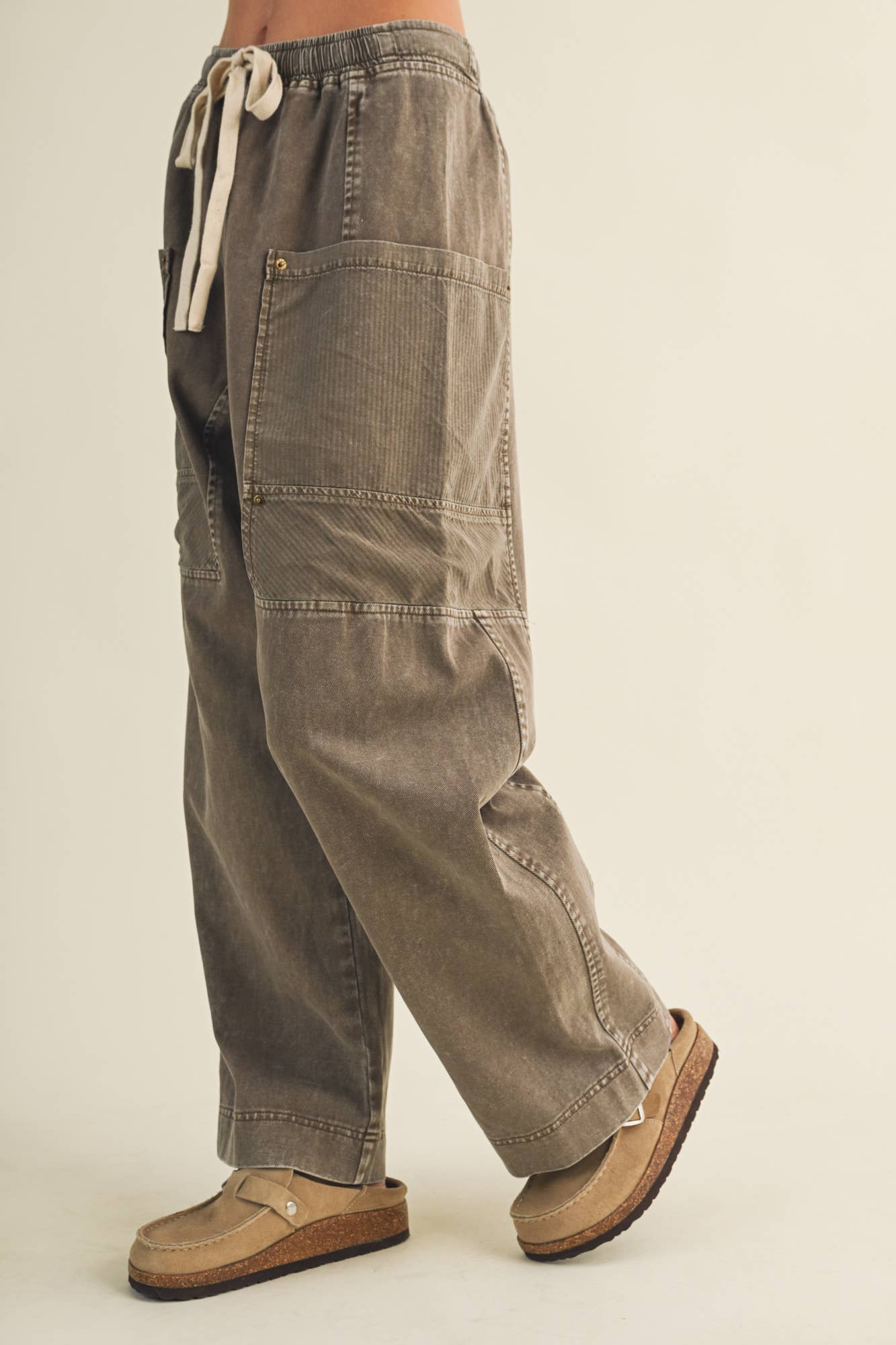 Drawstring Waist Wide Leg Utility Trouser