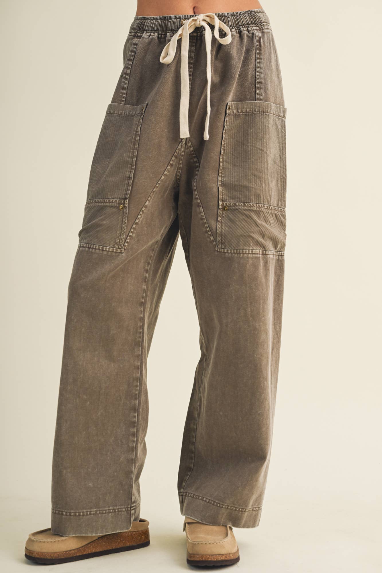 Drawstring Waist Wide Leg Utility Trouser