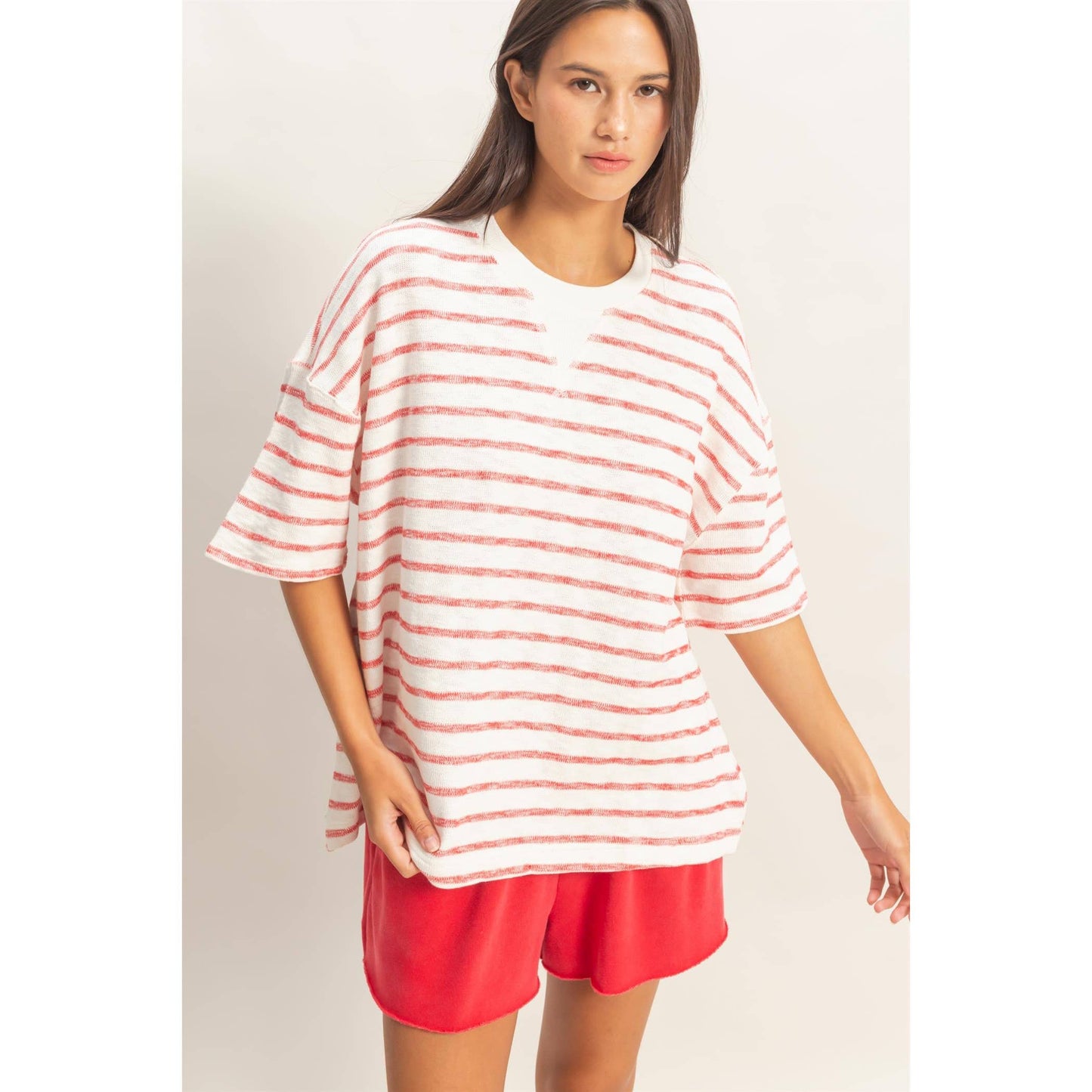 Oversized Striped V-Stitch Tee