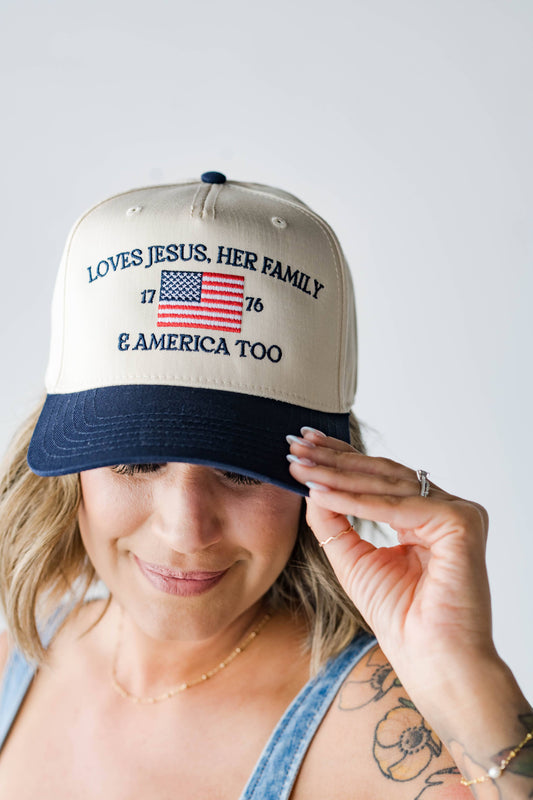 Loves Jesus, Her Family & America Too Embroidered Hat