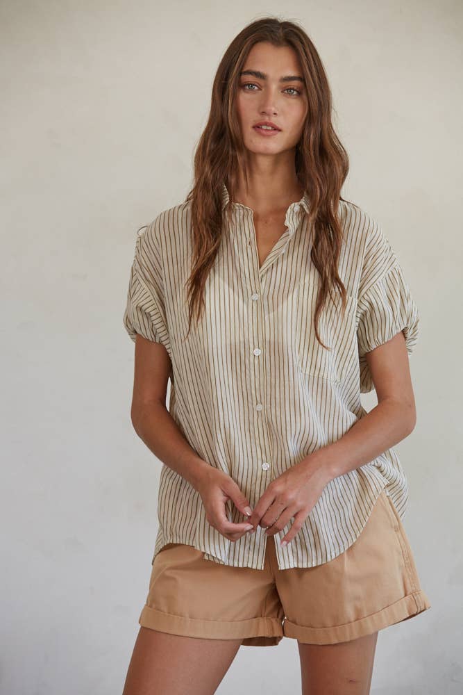 Stripped Puff Sleeve Button Down