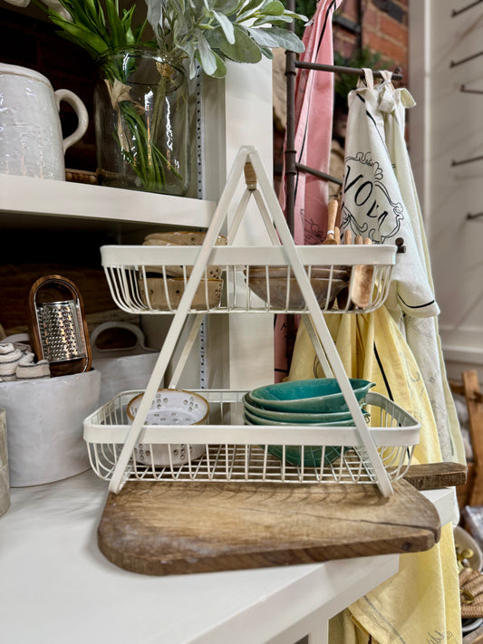 Metal 2-Tier Tray with Rattan Wrapped Handle
