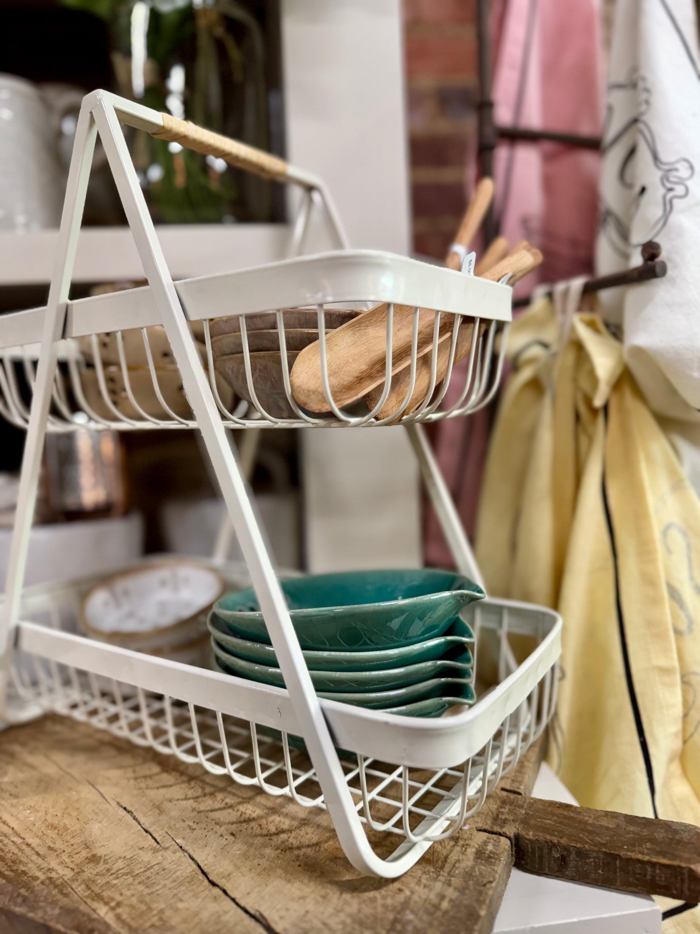 Metal 2-Tier Tray with Rattan Wrapped Handle