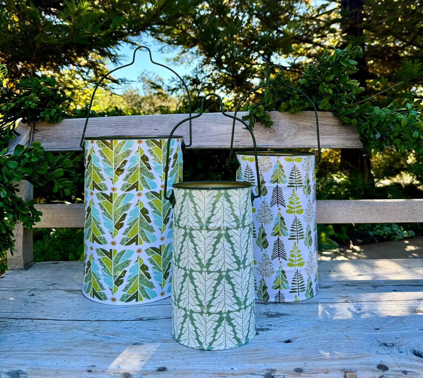 Metal Buckets w/ Christmas Tree Patterns