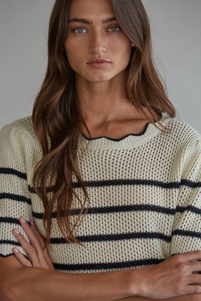 Stripped Scalloped Hem Knit Sweate