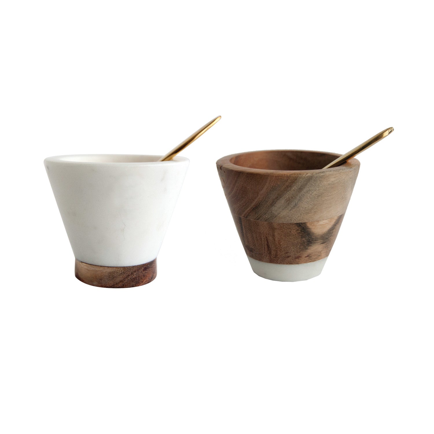 Marble & Mango Wood Pinch Pot w/ Brass Spoon, 2 Styles, Set of 2