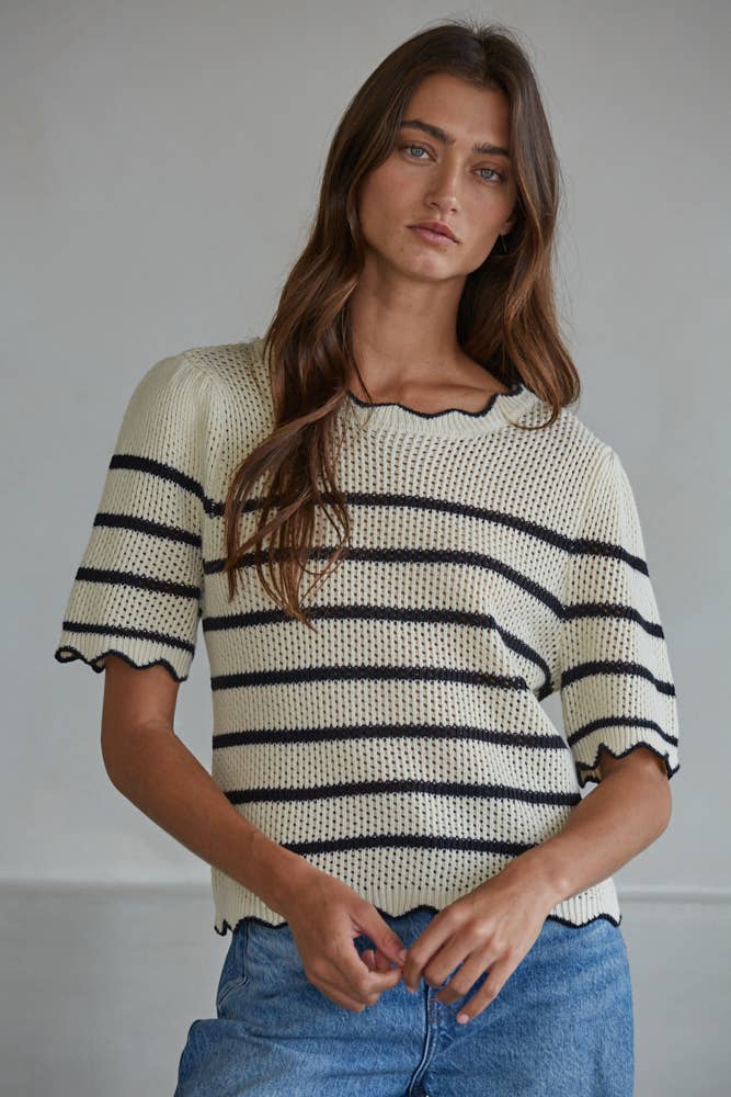 Stripped Scalloped Hem Knit Sweate