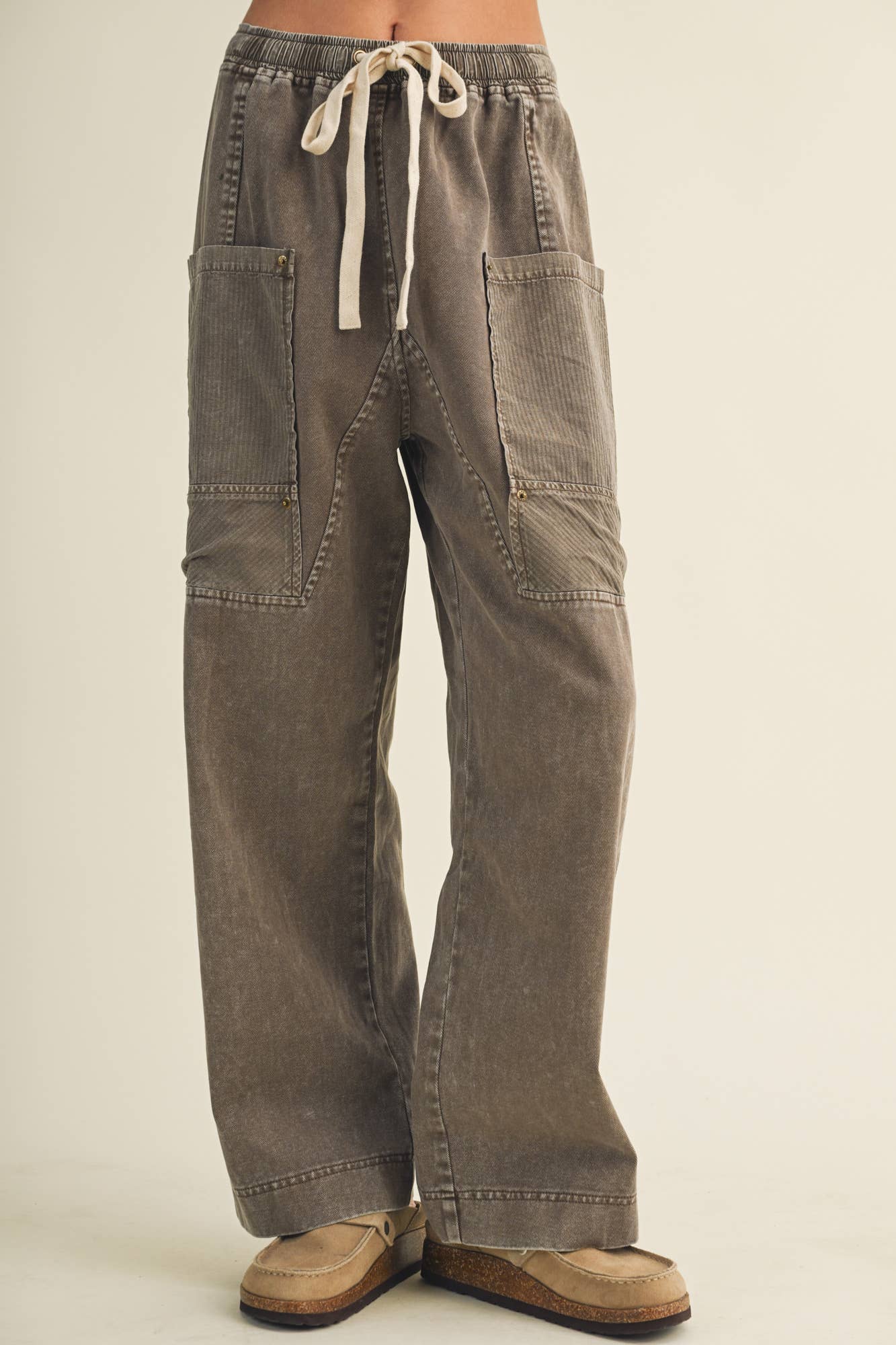 Drawstring Waist Wide Leg Utility Trouser