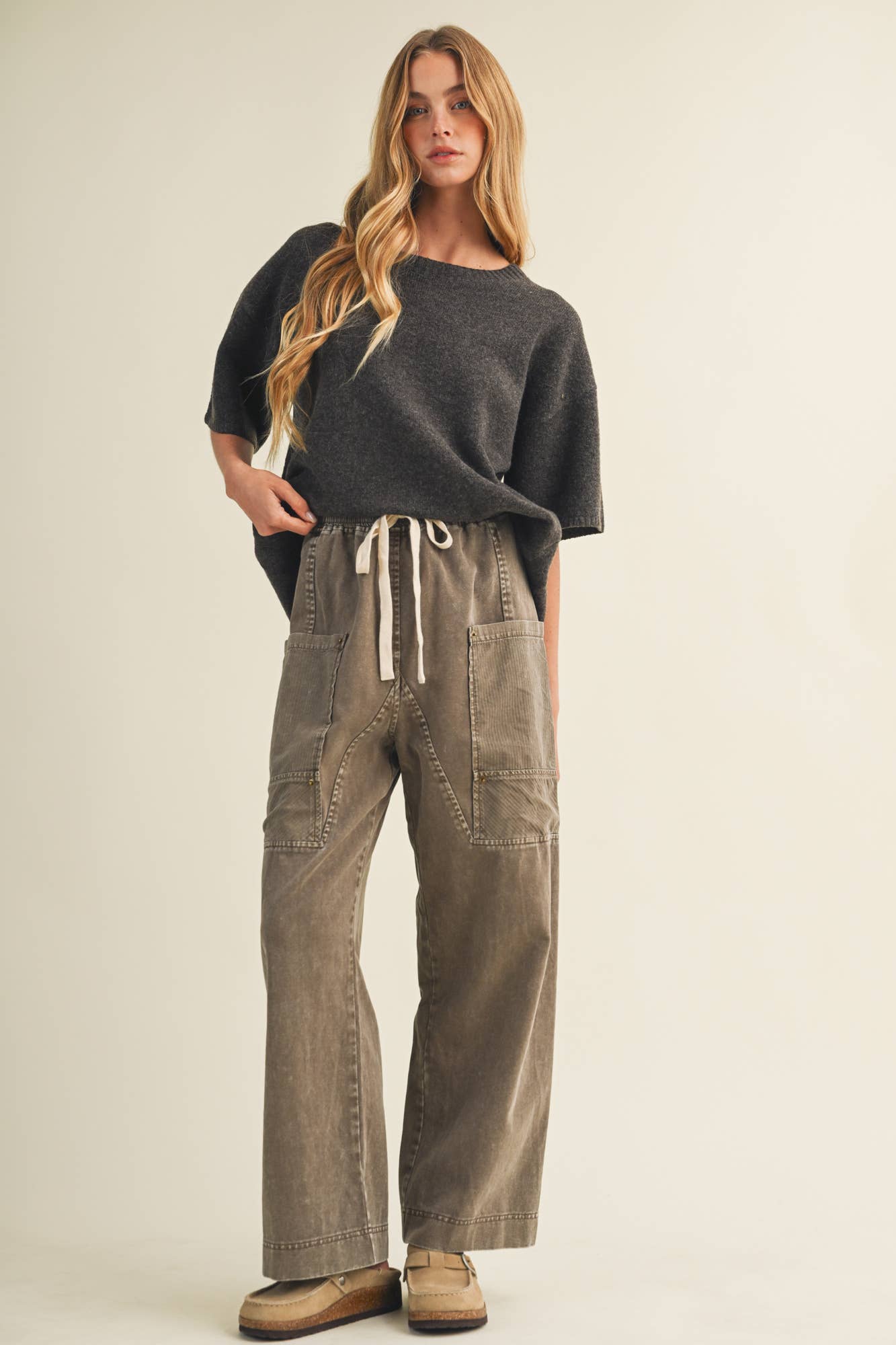 Drawstring Waist Wide Leg Utility Trouser