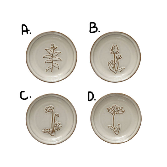 Embossed Stoneware Dish w/ Flower, 4 Styles (Each One Will Vary)