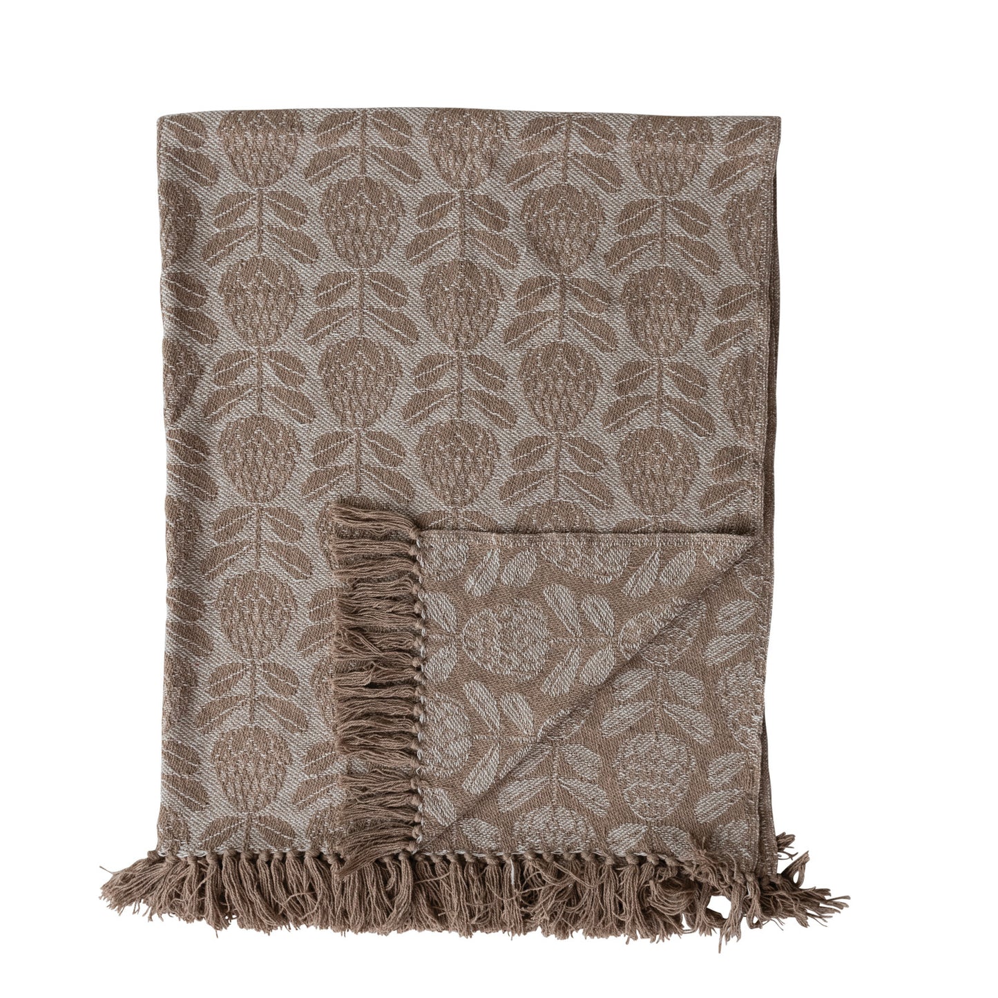 Jacquard Throw with Floral Pattern & Fringe