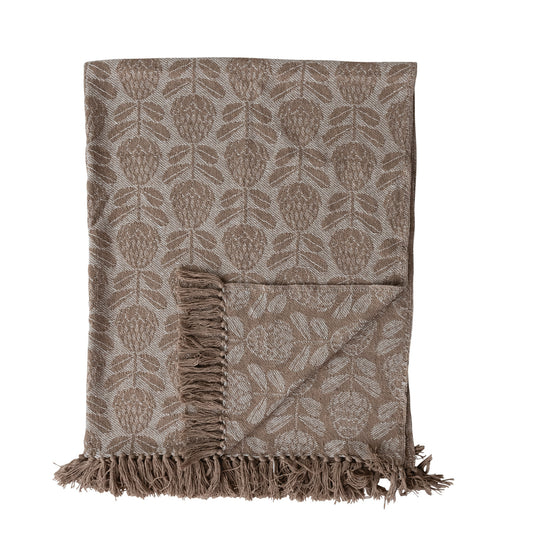 Jacquard Throw with Floral Pattern & Fringe
