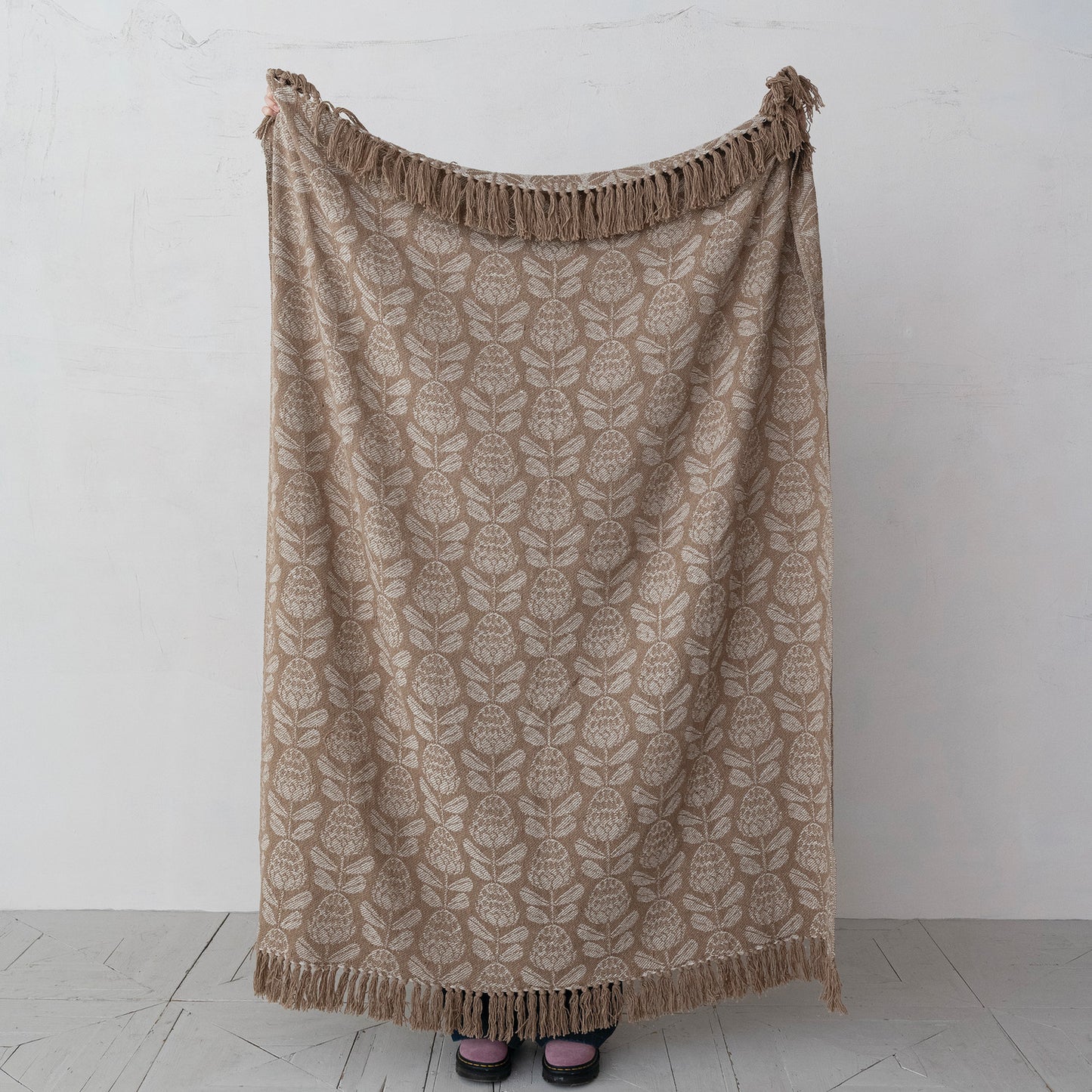 Jacquard Throw with Floral Pattern & Fringe
