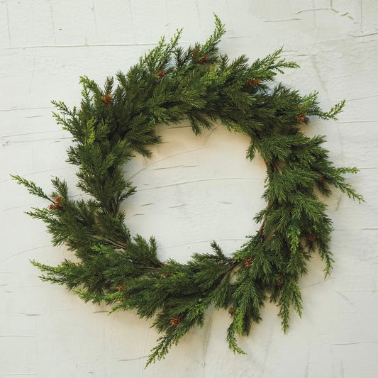 Faux Atlas Cedar Wreath w/ Natural Pinecones