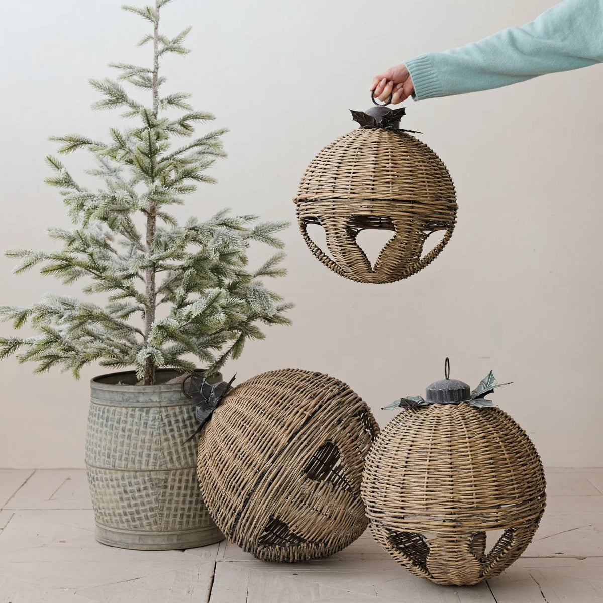 Oversized Rattan Bell with Metal Leaves